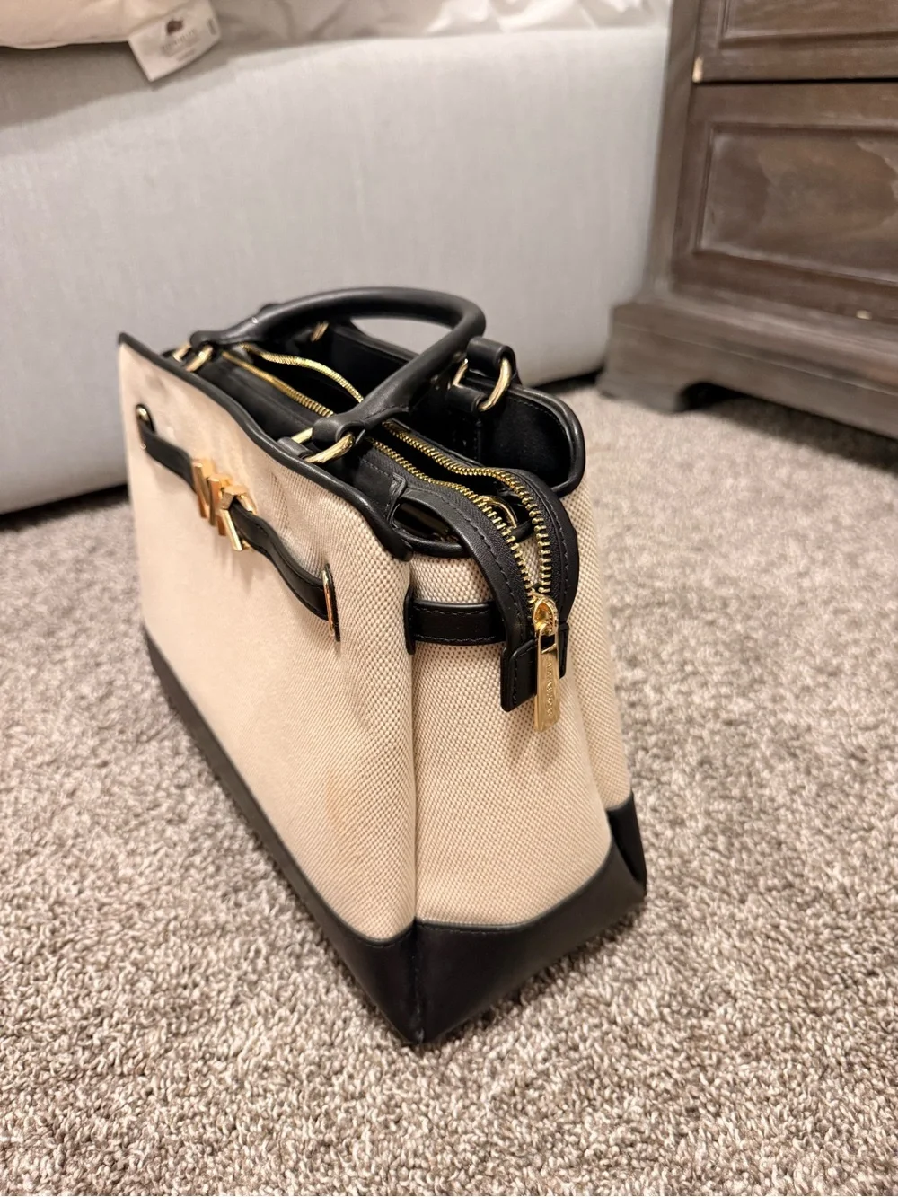 Michael Kors Cream Canvas and Black Leather Satchel with Gold MK Hardware